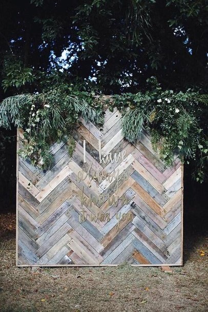 Gorgeous Rustic Cheveron Wooden Tile Pattern Backdrop Hanging Greenery Wedding Ideas