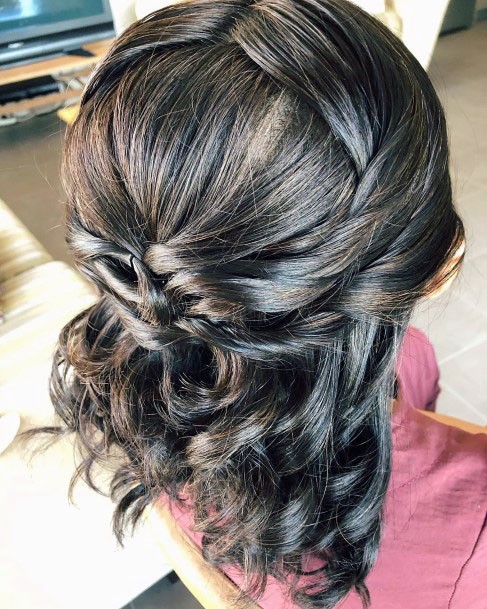 Gorgeous Shiny Dark Brown Highlighted Half Braid Updo Womens Hairstyle