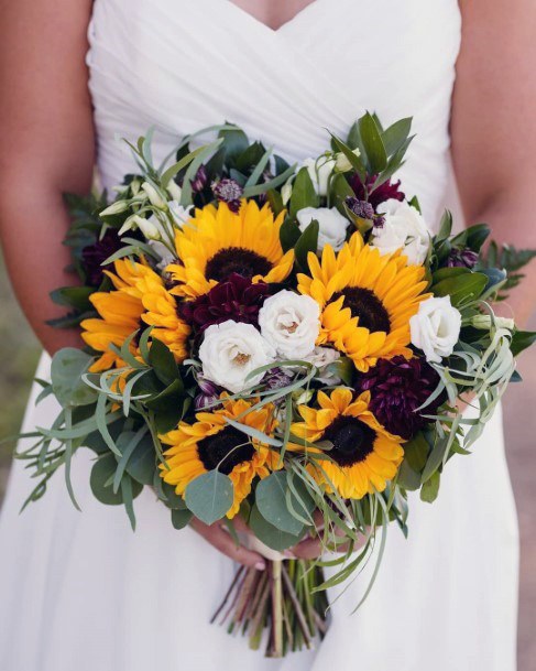 Gorgeous Sunflower Dark Red Rose Green Bouquet Inspiration Wedding Ideas