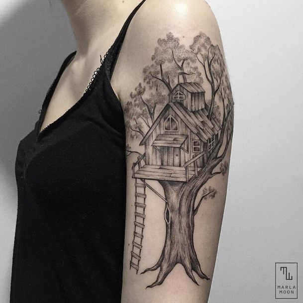 Gorgeous Tree House Tattoo Womens Arms