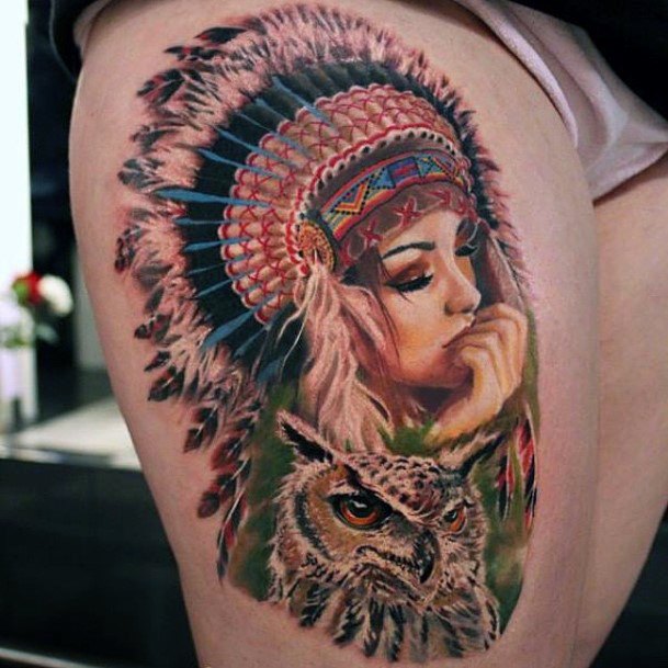 Gorgeous Tribal Red Indian Tattoo Womens Thighs