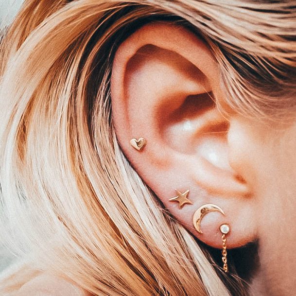 Gorgeous Triple Lobe Moon Star Diamond Cute Ear Piercing Ideas For Girls