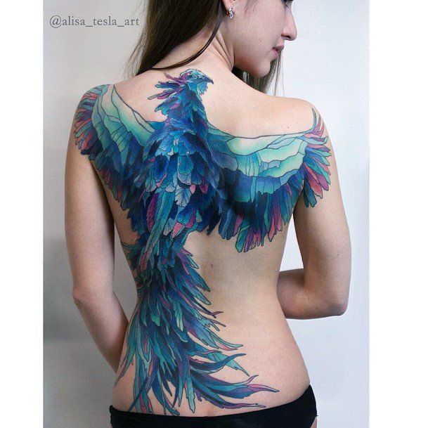 Gorgeous Turquoise Bird Tattoo Womens Back