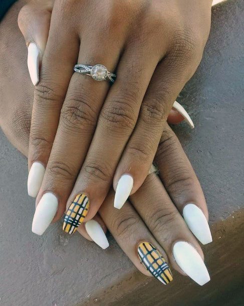 Gorgeous White And Yellow Black Line Nail Design For Girls