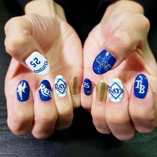 Gorgeous White Blue And Shining Gold Sport Nails For Women