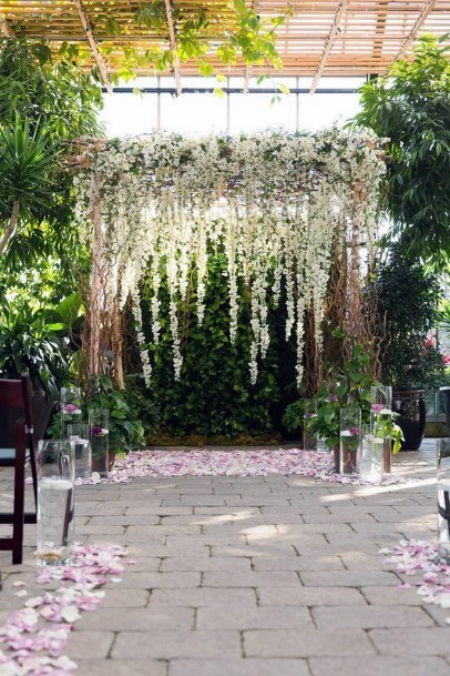 Gorgeous White Hanging Floral Arch Backdrop For Wedding Ideas