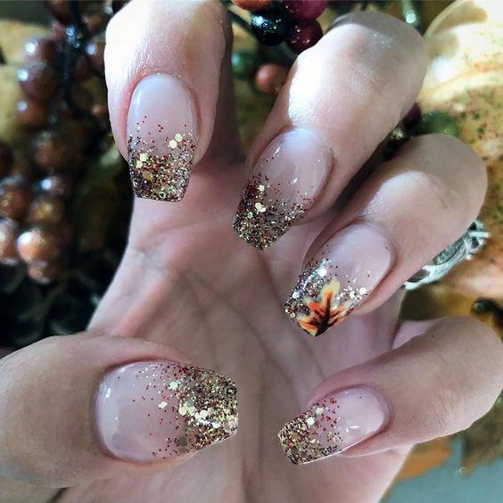 Gorgeouse Sparkly Gold Fall Ombre Nails Design For Women