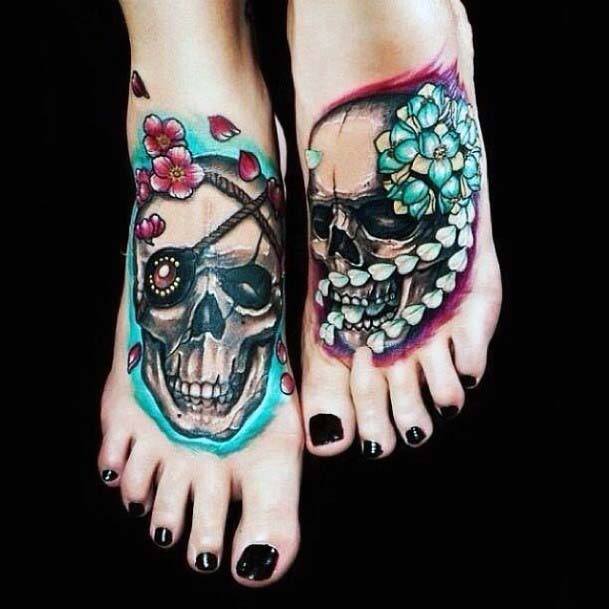 Gory Skull Tattoo Womens Foot