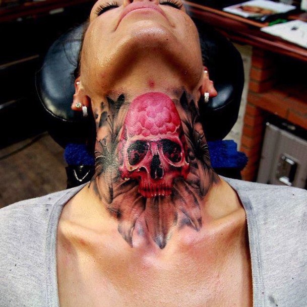 Gory Skull Tattoo Womens Neck
