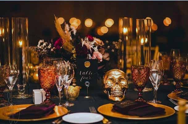 Gothic Golden Skeleton On Dining Wedding Decor