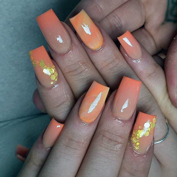 Gradient Orange And Gold Foil Nail Colors