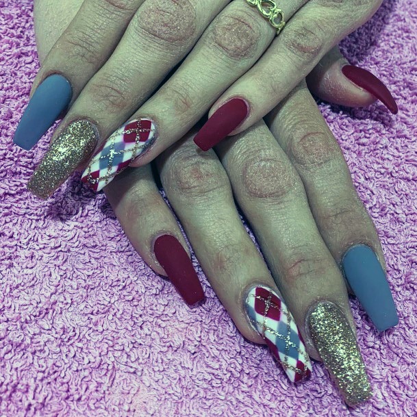 Grand Empress Grey Red Matte Nails With Shiny Decorations Women