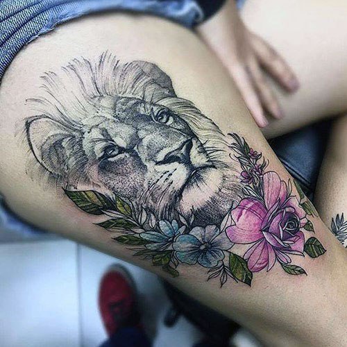 Grand Lion With Colored Rose Womens Tattoo Thighs