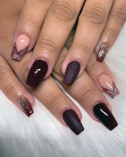 Grape Red Nails With Gold Glitters Women