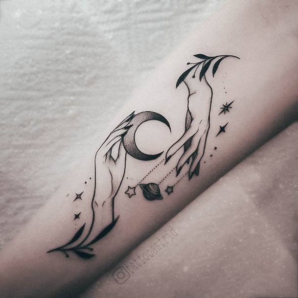 Great Galaxy Tattoos For Women Hands Holding Moon Forearm