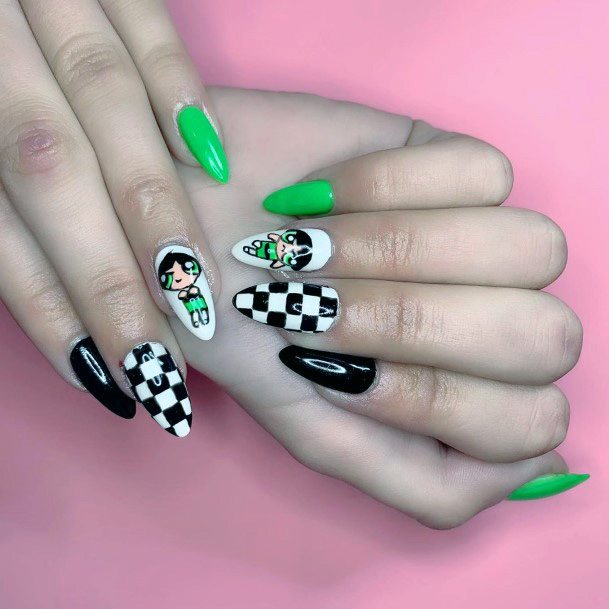 Green And Checks Nails For Women