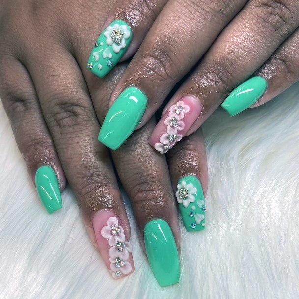 Green And Pink 3D Florals Long Square Nails