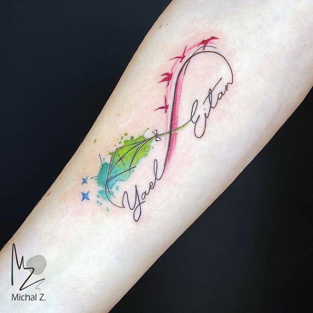 Green And Pink Infinity Tattoo Womens Hands