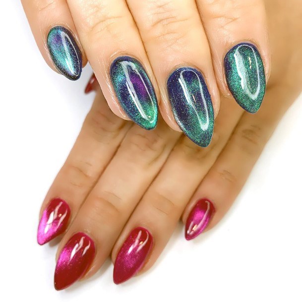 Green And Red Cat Eye Nails