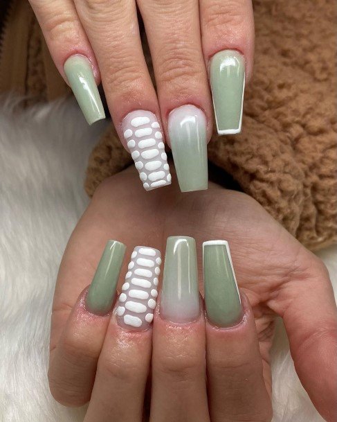 Green And White Nails For Girls