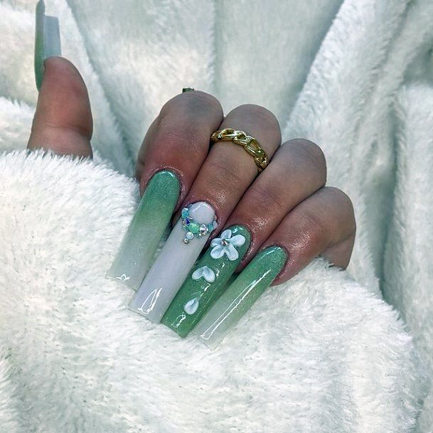 Green And White Nails With 3d Flowers Women