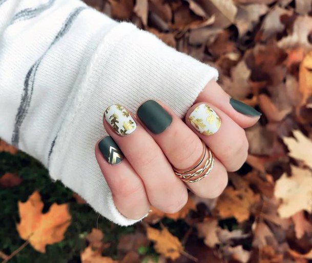 Green And White Nails With Golden Art Women