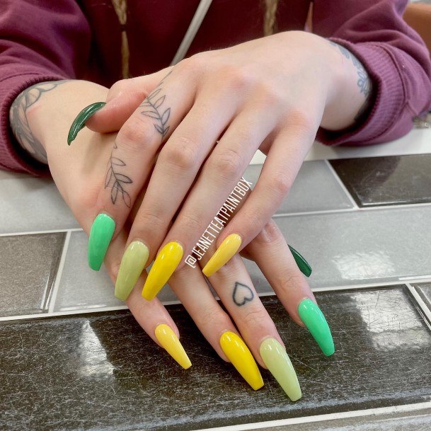 Green And Yellow Nail For Ladies