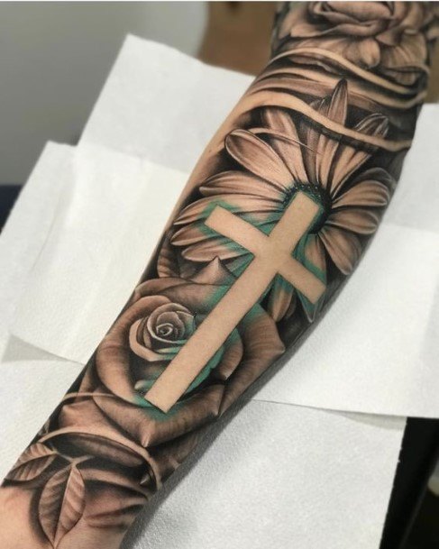 Green Aura Cross And Black Roses Tattoo Womens Forearms
