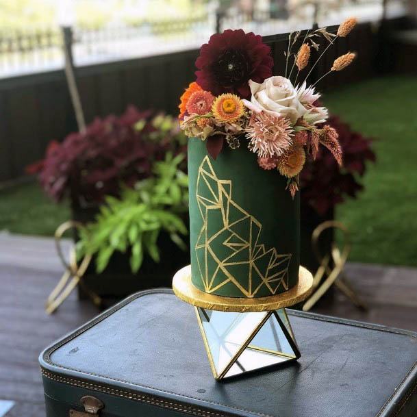 Green Cake With Golden Art Wedding Flowers