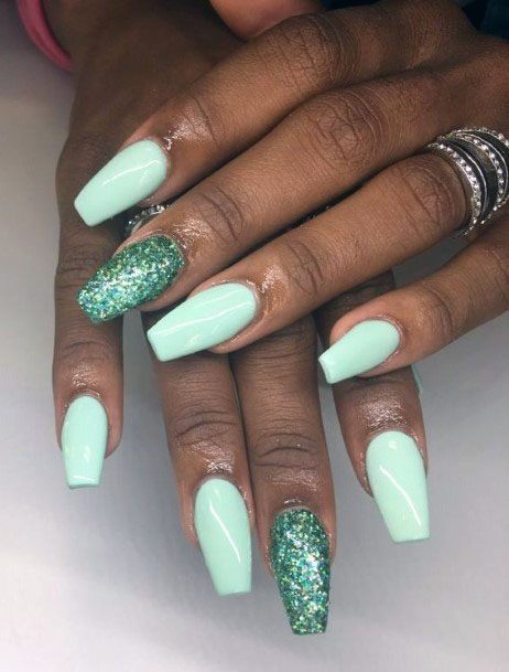 Green Glitter Accent And Mint Nails For Women