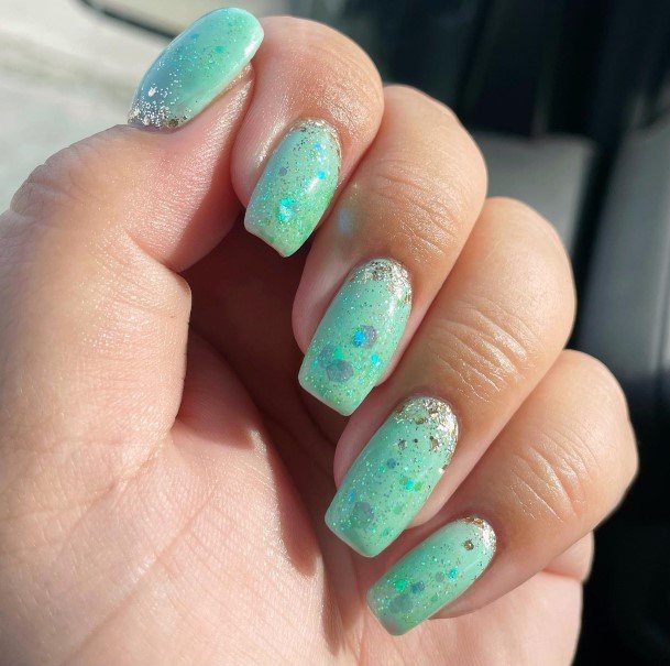 Green Glitter Nail For Ladies