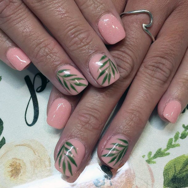 Green Leaf Pattern On Salmon Pink Shaded Squoval Nails