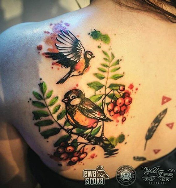Green Leaves And Bird Tattoo Womens Back