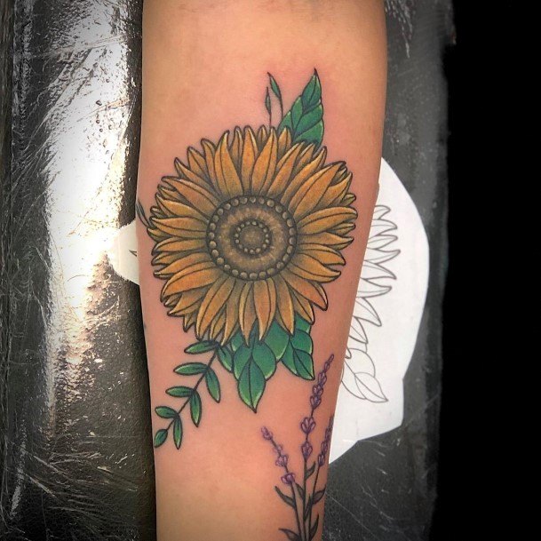 Green Leaves And Sunflower Tattoo Womens Forearms