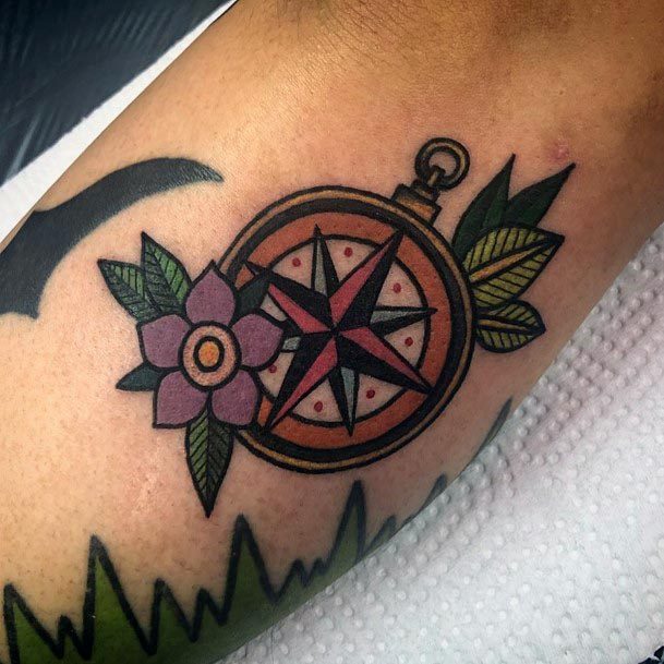 Green Leaves And Wine Colored Flower Compass Tattoo Womens Forearms