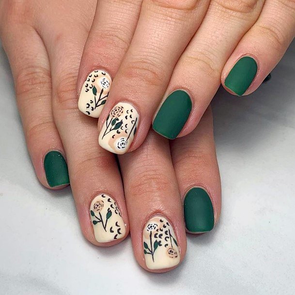 Green Matte Fall Design On Nail With Cute Floral Art
