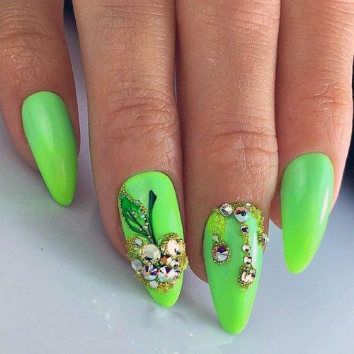 Green Nails Ideas Sparkly Apple Charms