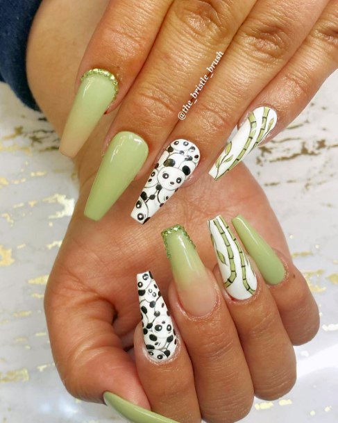 Green Nails With Animal Print And Panda