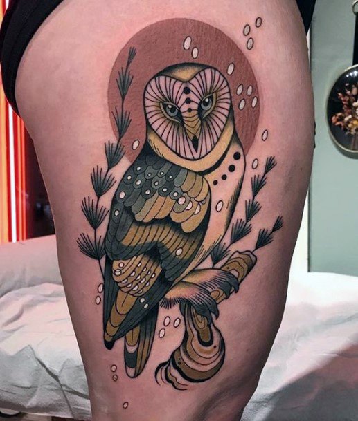 Green Owl Tattoo Womens Thighs