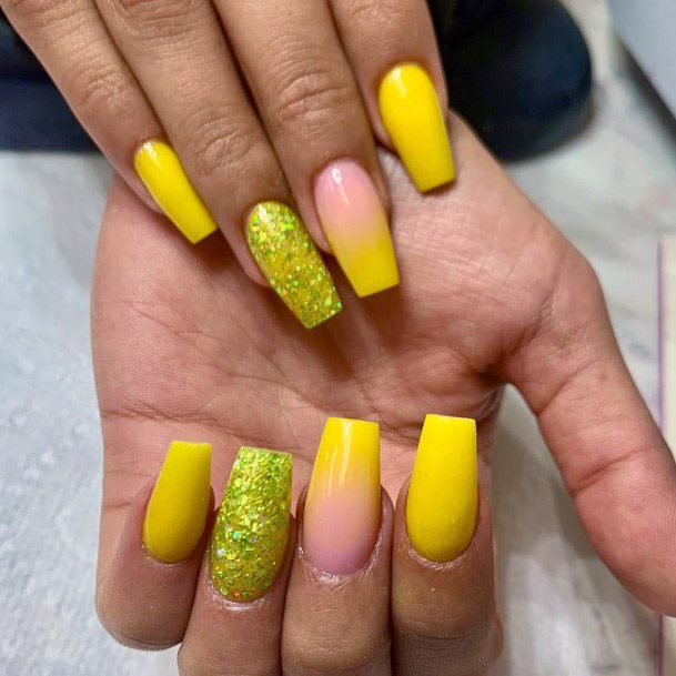 Green Sparkles And Yellow Ombre Nails Women