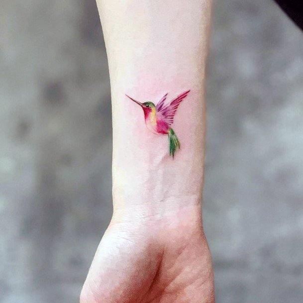 Green Tailed Pink Hummingbird Tattoo Womens Wrists