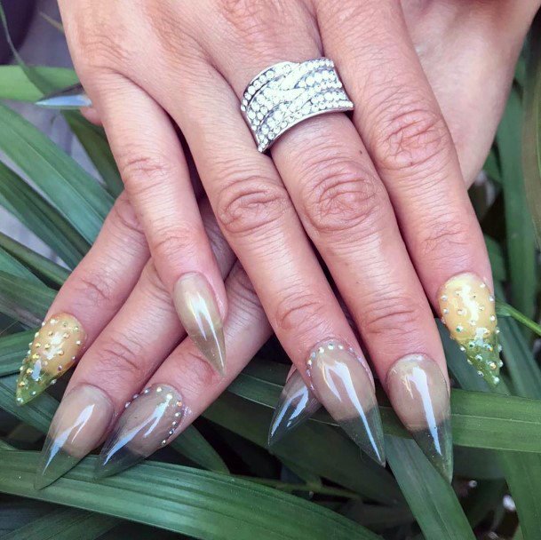 Green Tipped Pointed Transparent Nails For Women