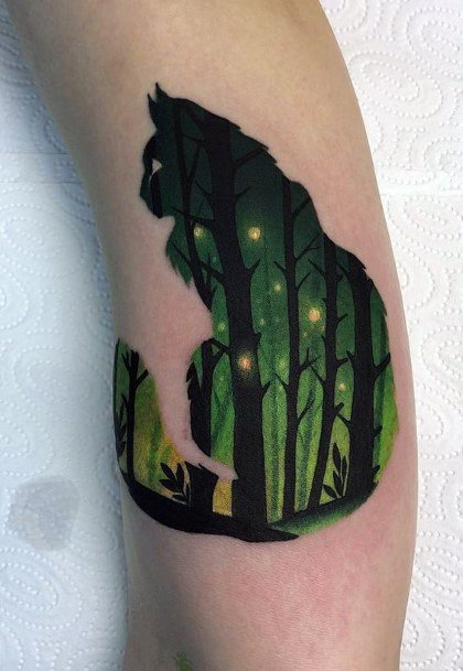 Green Tree Forest Image On Kitty Tattoo For Women