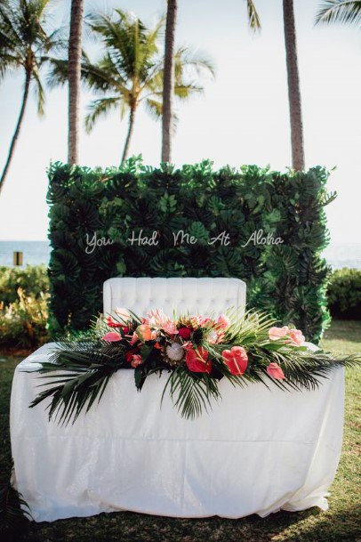 Green Welcome Board And Hawaiian Wedding Flowers