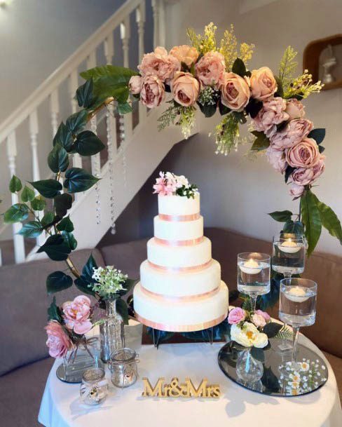 Greenery Pink Rose Table Arbor Gorgeous White Gold Trim Wedding Cake Ideas
