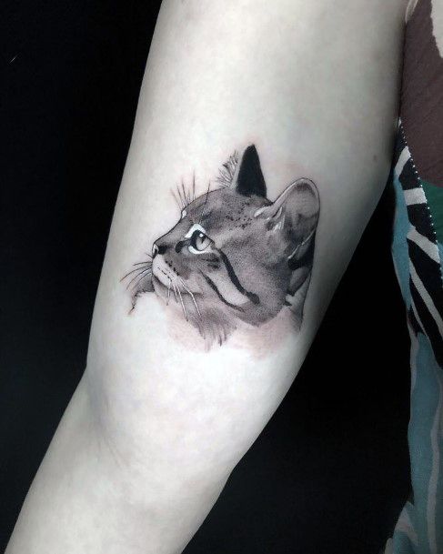 Grey And Black Toned Cat Tattoo For Women