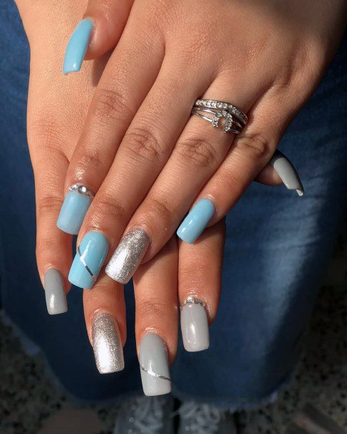 Grey And Blue With Silver Hued Nails