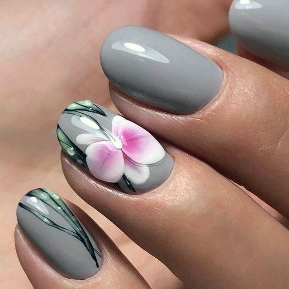 Grey And Pink Orchids Stunning Nails