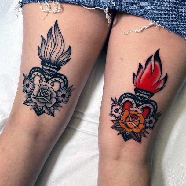 Grey And Red Burning Traditional Tattoo Womens Thighs