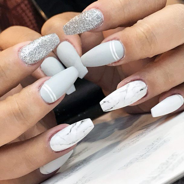 Grey And White Marble Effect Nails With Sparkles Women